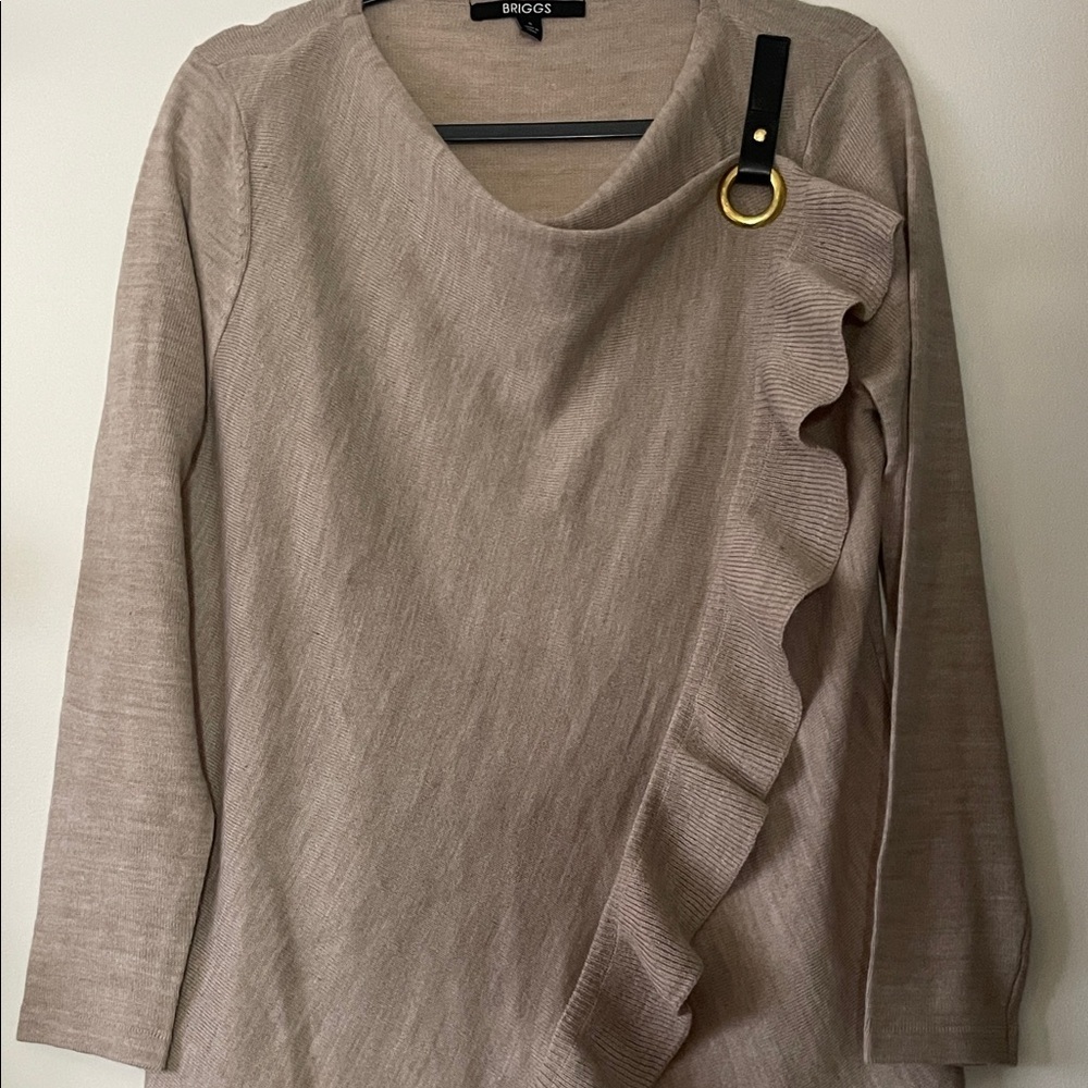 BRIGGS|Light Taupe Ruffle Shawl Sweater with Buckle Detail|Small|EUC - Picture 2 of 13